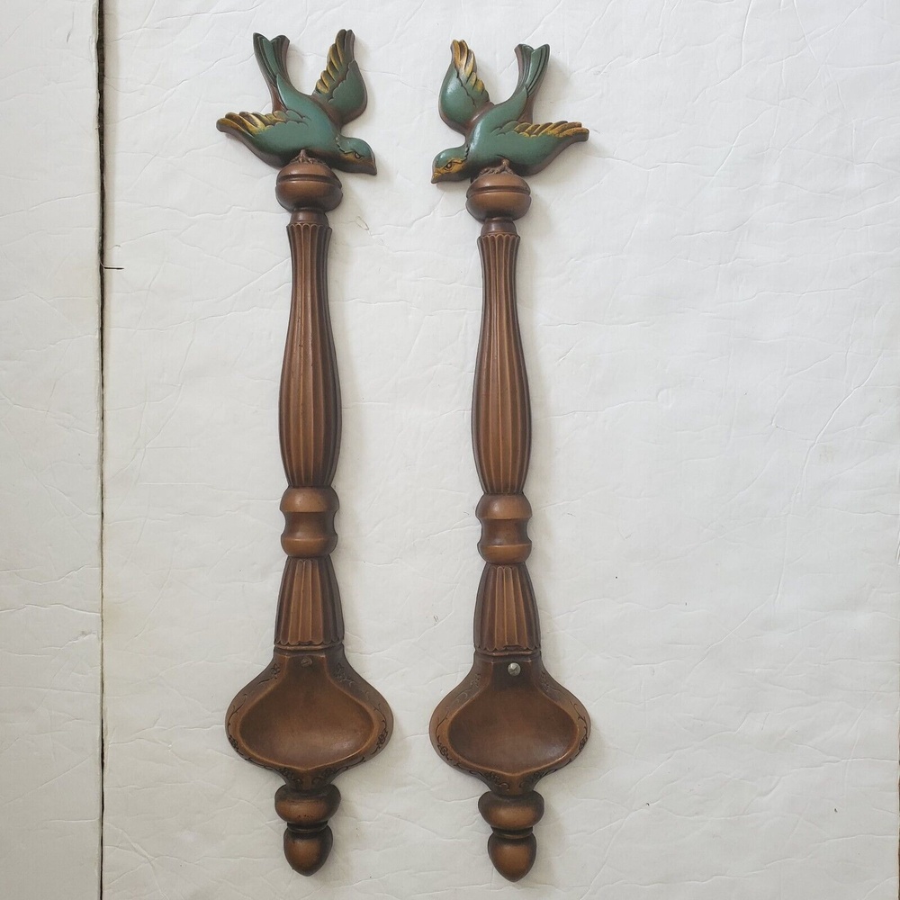 Vintage Syroco Wood Mid Century Wall Plaques x2 sparrow blue bird MCM 21" long